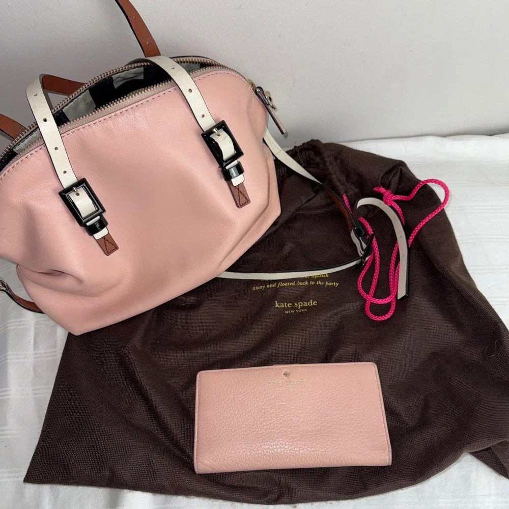 Kate Spade New York Pink Leather Dome Satchel Shoulder Bag & Wallet Set Dust Bag